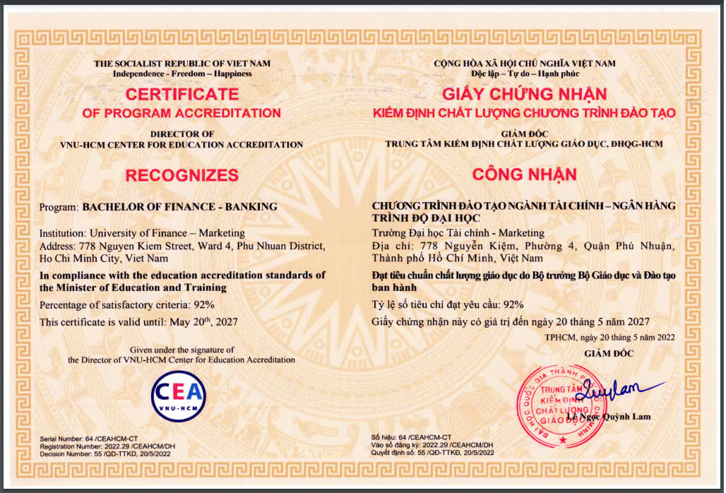 GCN kiểm định chất lượng CTĐT ngành TC - NH trình độ đại học năm 2022